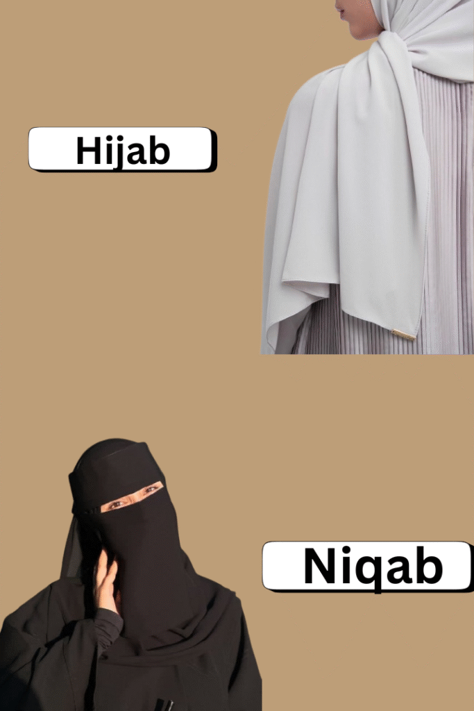Two women wearing Islamic coverings – one in a light-colored hijab showing her face, and the other in a black niqab covering everything except her eyes, both against a plain background.
