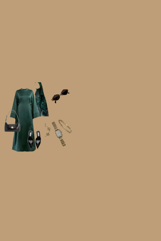 Fashion flat lay of a stylish, monochrome outfit featuring a long-sleeve emerald green dress.

