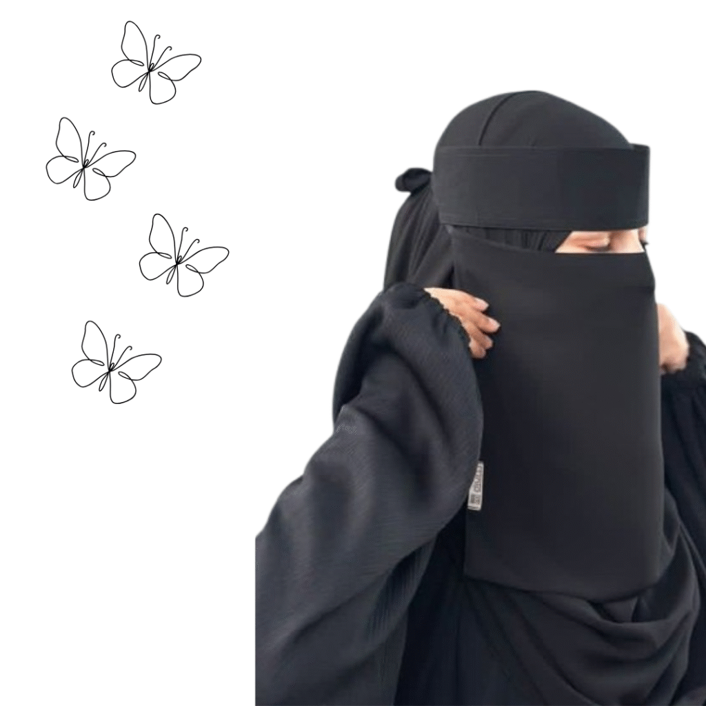 A woman wearing a black niqab and abaya, with simple butterfly line drawings in the background.