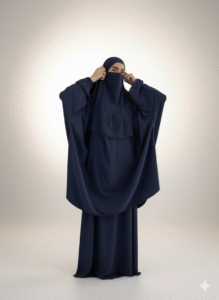 Woman wearing a navy blue niqab and abaya, adjusting the face covering in a minimalist studio setting.