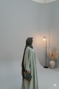 Close-up of a modest woman wearing a burnt orange or terracotta flowy abaya and matching sheer hijab, featuring wide bell sleeves and a delicate gold bracelet