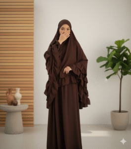Aesthetically styled photo of a model in a voluminous brown jilbab, sitting composedly on a sleek white chair in a studio. The backdrop features abstract pastel shapes in warm, neutral colors.