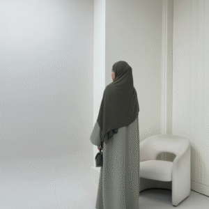 Close-up of a modest woman wearing a burnt orange or terracotta flowy abaya and matching sheer hijab, featuring wide bell sleeves and a delicate gold bracelet