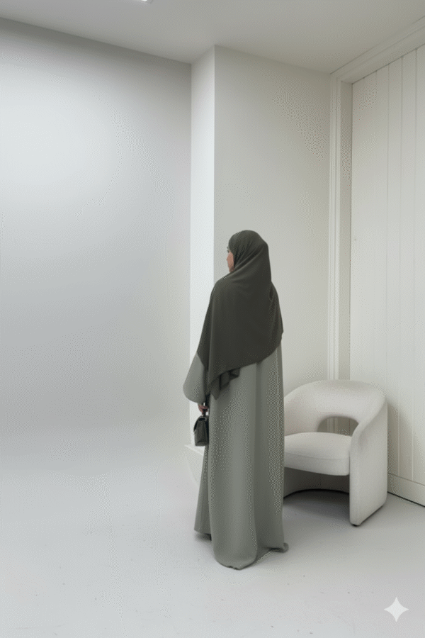 Close-up of a modest woman wearing a burnt orange or terracotta flowy abaya and matching sheer hijab, featuring wide bell sleeves and a delicate gold bracelet
