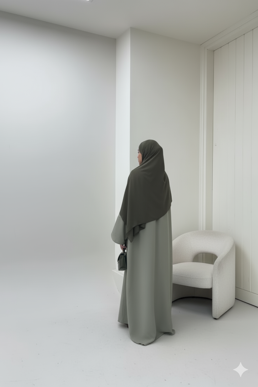 Close-up of a modest woman wearing a burnt orange or terracotta flowy abaya and matching sheer hijab, featuring wide bell sleeves and a delicate gold bracelet