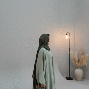 Close-up of a modest woman wearing a burnt orange or terracotta flowy abaya and matching sheer hijab, featuring wide bell sleeves and a delicate gold bracelet