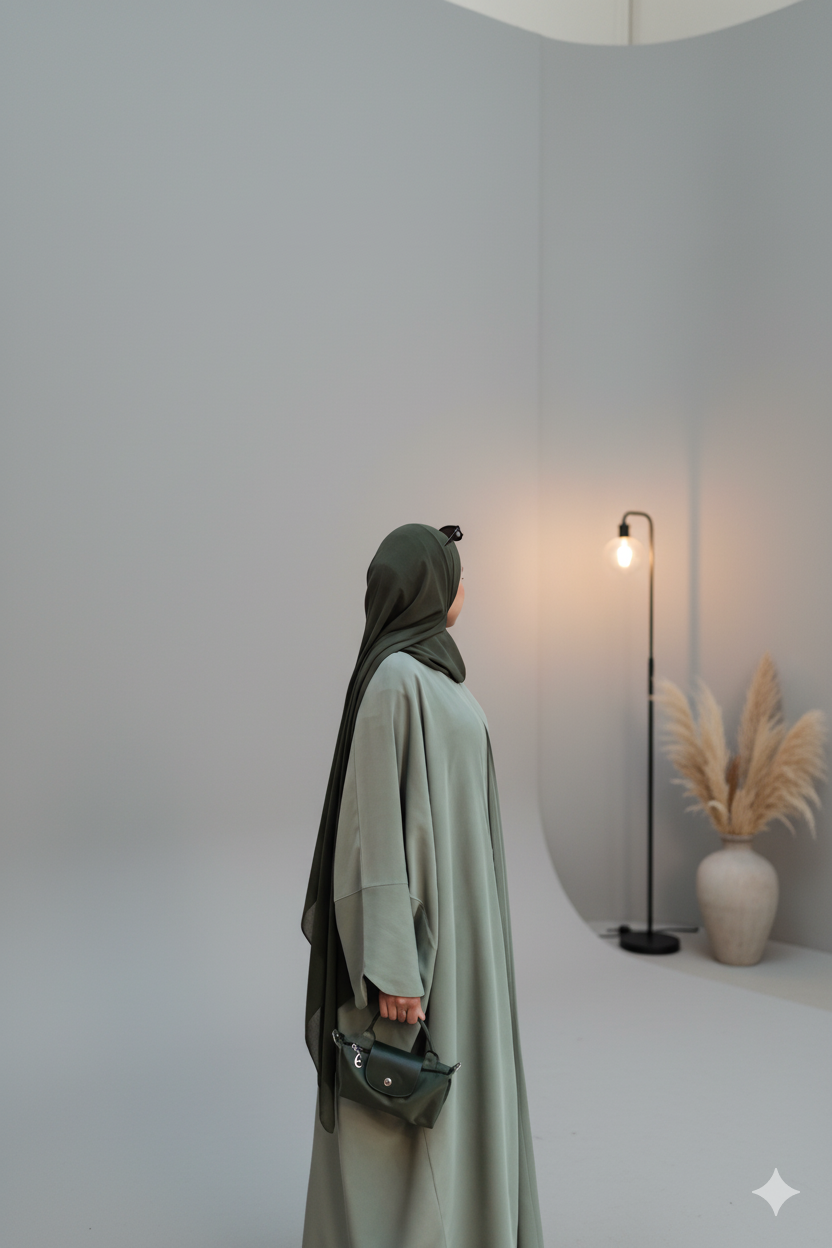 Close-up of a modest woman wearing a burnt orange or terracotta flowy abaya and matching sheer hijab, featuring wide bell sleeves and a delicate gold bracelet