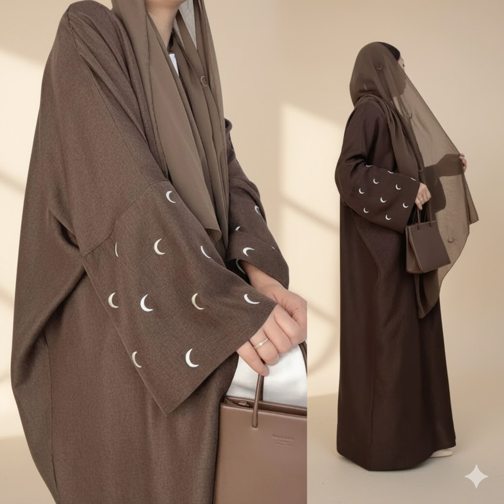 : Full-length and close-up view of a model wearing a brown, flowing abaya with white embroidered crescent moon designs on the sleeves. The background is a simple, warm beige, highlighting the garment