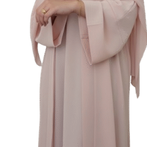 close-up of a model wearing a black abaya with wide, bell-shaped sleeves featuring elaborate pink floral and gold vine embroidery. The cuff has a scalloped, embroidered edge.