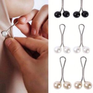 gently securing a fabric with a pearlescent white magnetic hijab pin (left) and a display of six pairs of magnetic scarf clasps in black, white, and champagne pearl finishes (right).