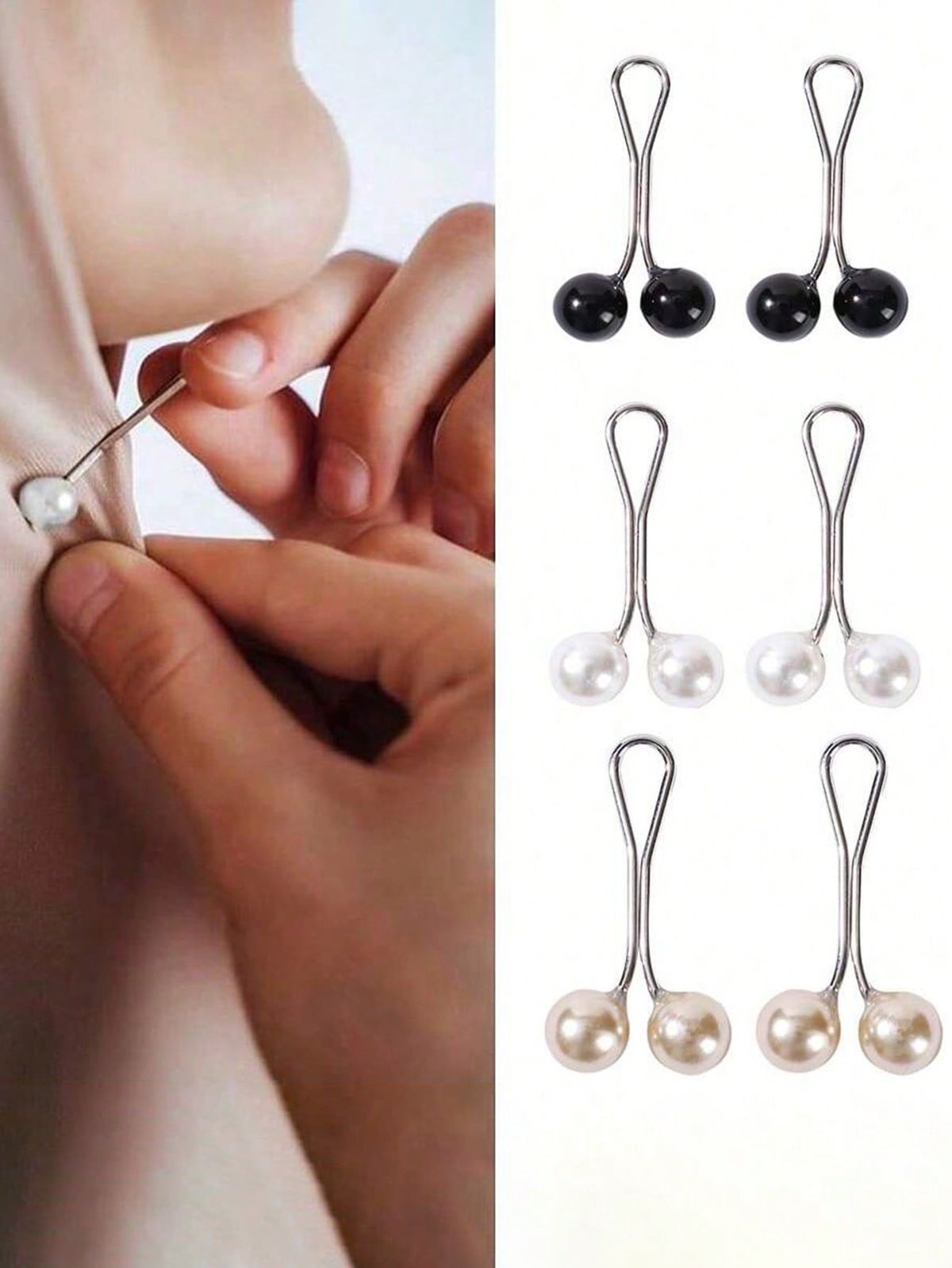 gently securing a fabric with a pearlescent white magnetic hijab pin (left) and a display of six pairs of magnetic scarf clasps in black, white, and champagne pearl finishes (right).
