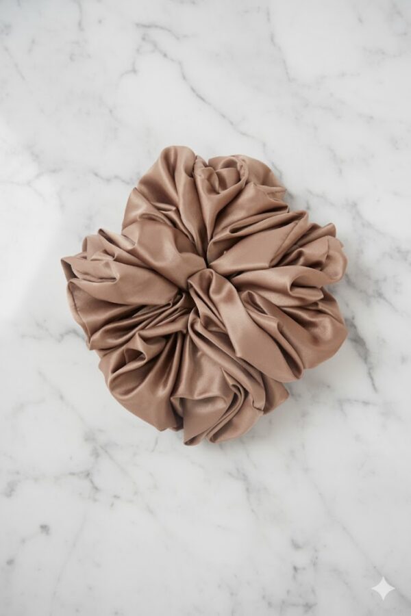 Close-up shot of a large, silky, beige/taupe satin scrunchie resting on a white and grey marble surface.