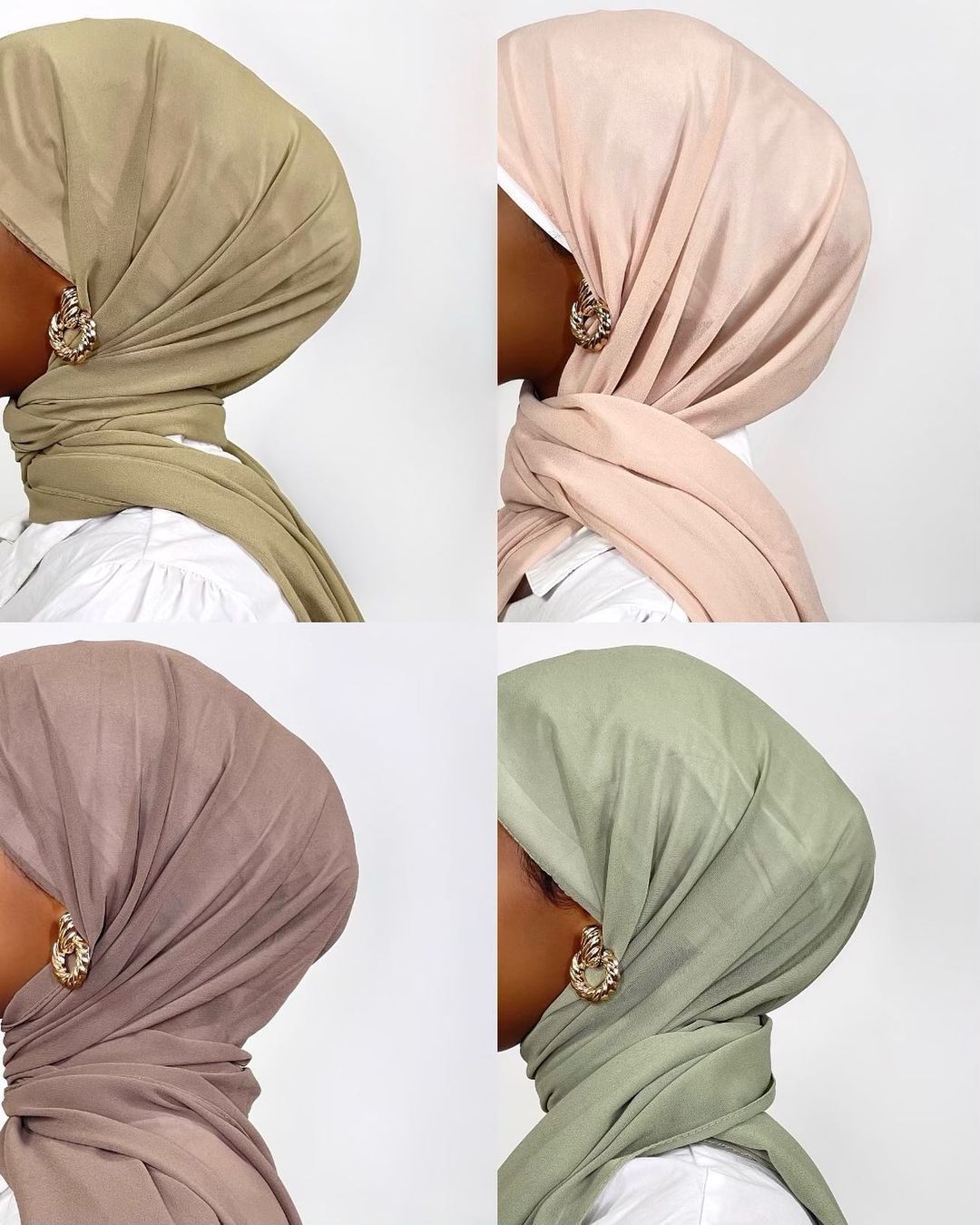 wearing a soft, draped, sand-colored jersey knit hijab, secured with a large, textured gold knot earring visible on the side.